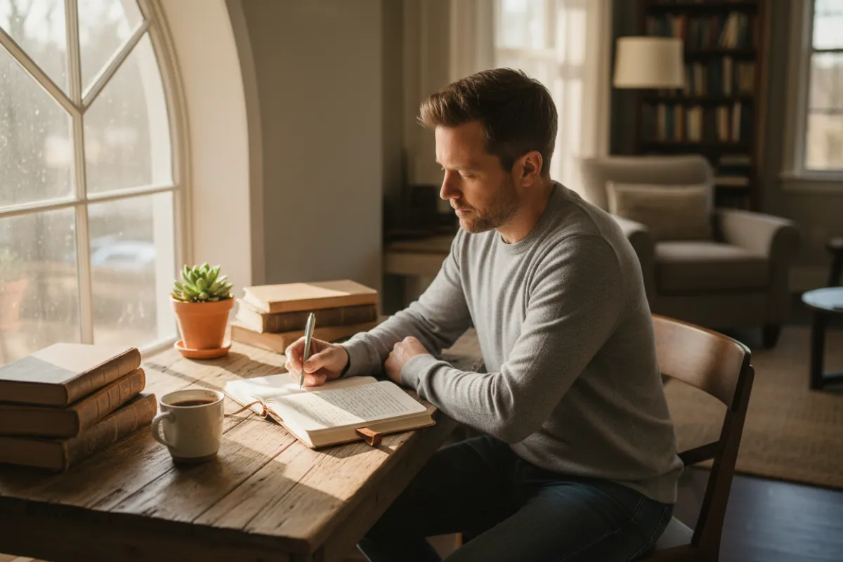 A man journals at a wooden desk, sunlight streaming through a window, surrounded by books and a cup of coffee, symbolizing growth and self-discovery.