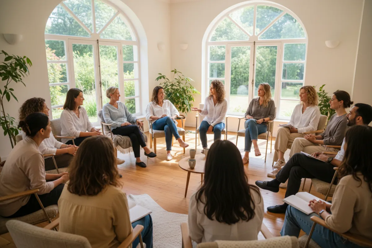 A diverse group of women and men in a supportive circle, sharing and listening, in a bright, welcoming room.