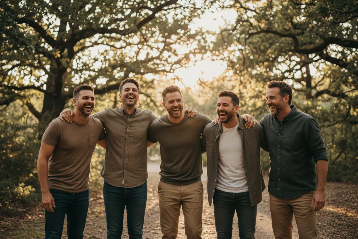 A group of men in casual attire, laughing and supporting each other outdoors, with trees and sunlight in the background.