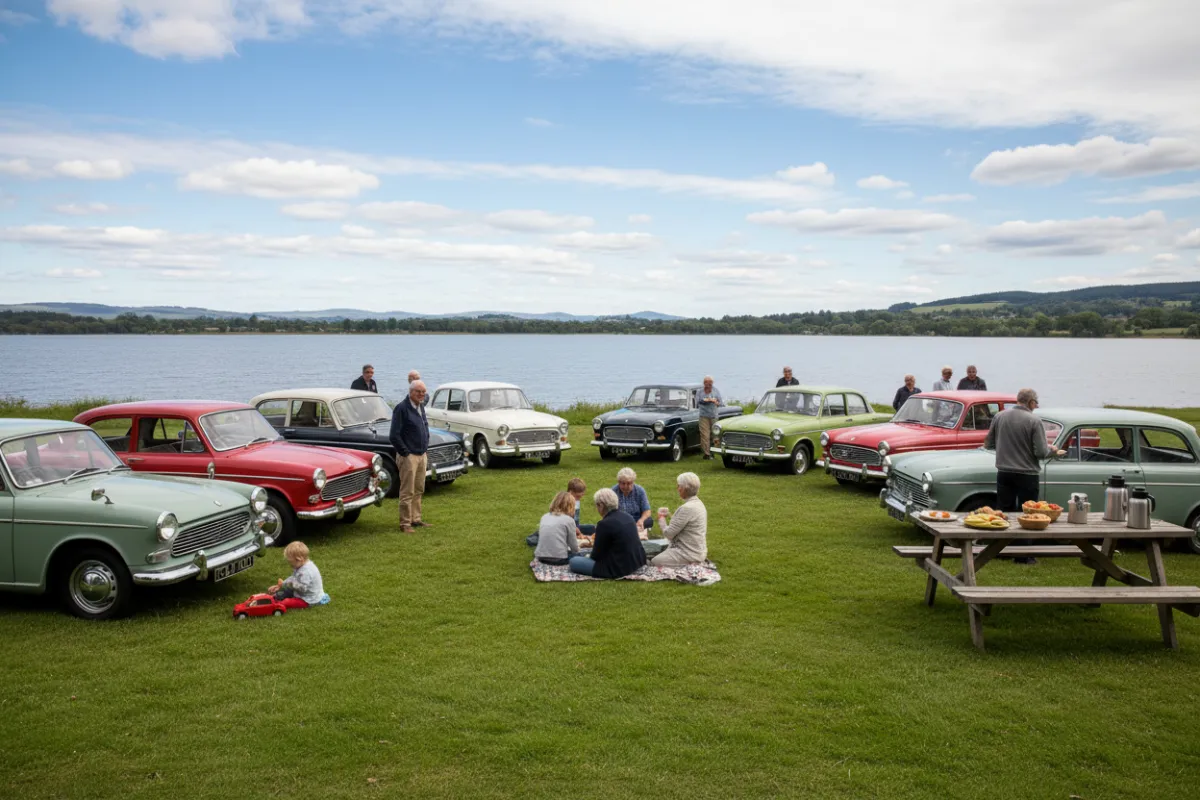 A group of Hillman owners gathered at a lakeside picnic, their cars arranged in a semi-circle on lush grass. The scene is lively, with people of various ages sharing stories and laughter under sunny skies.