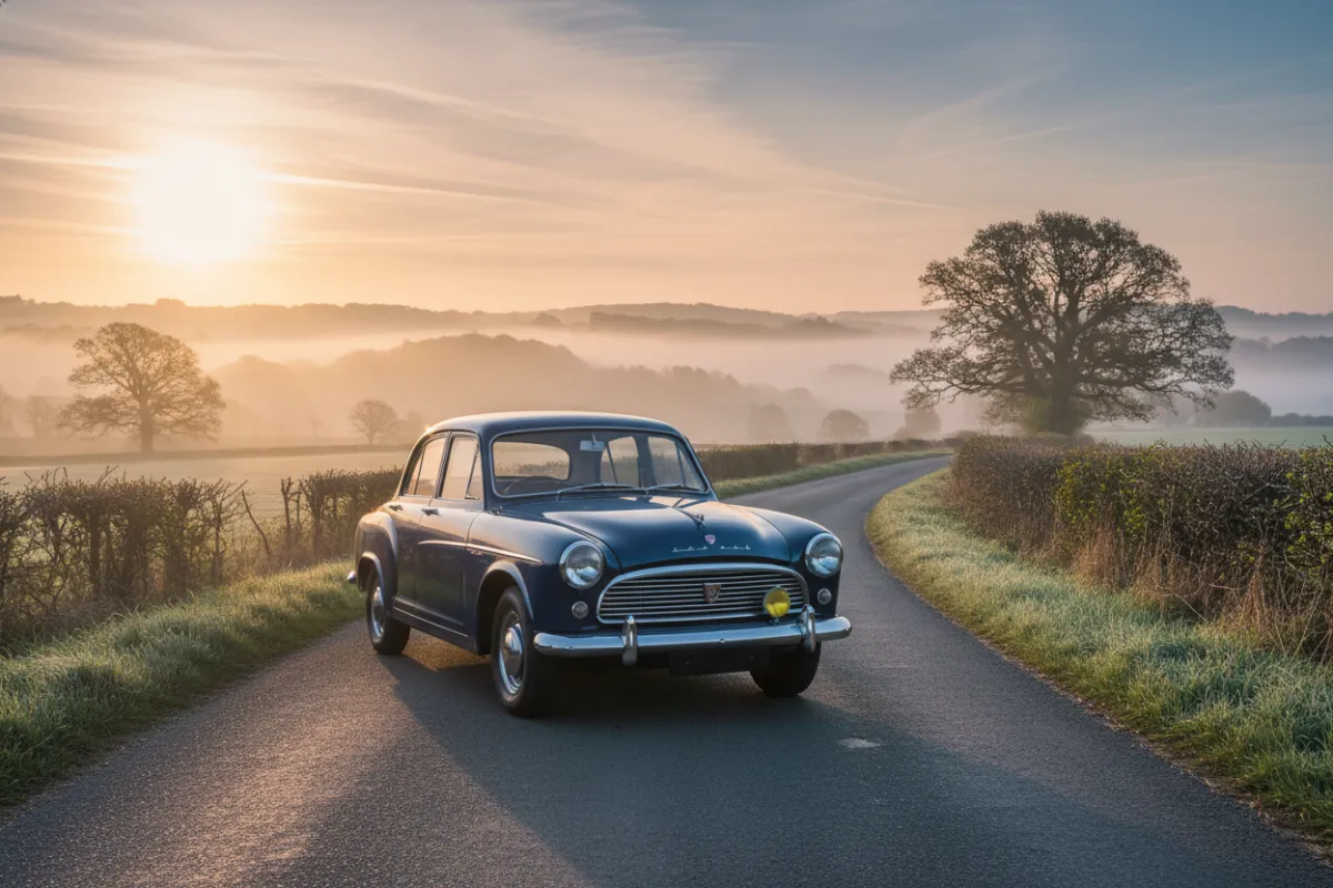 A classic Hillman Minx in deep blue, parked on a winding country road at sunrise, with misty hills in the background. The car is polished, chrome details gleaming, and the scene evokes nostalgia and adventure.
