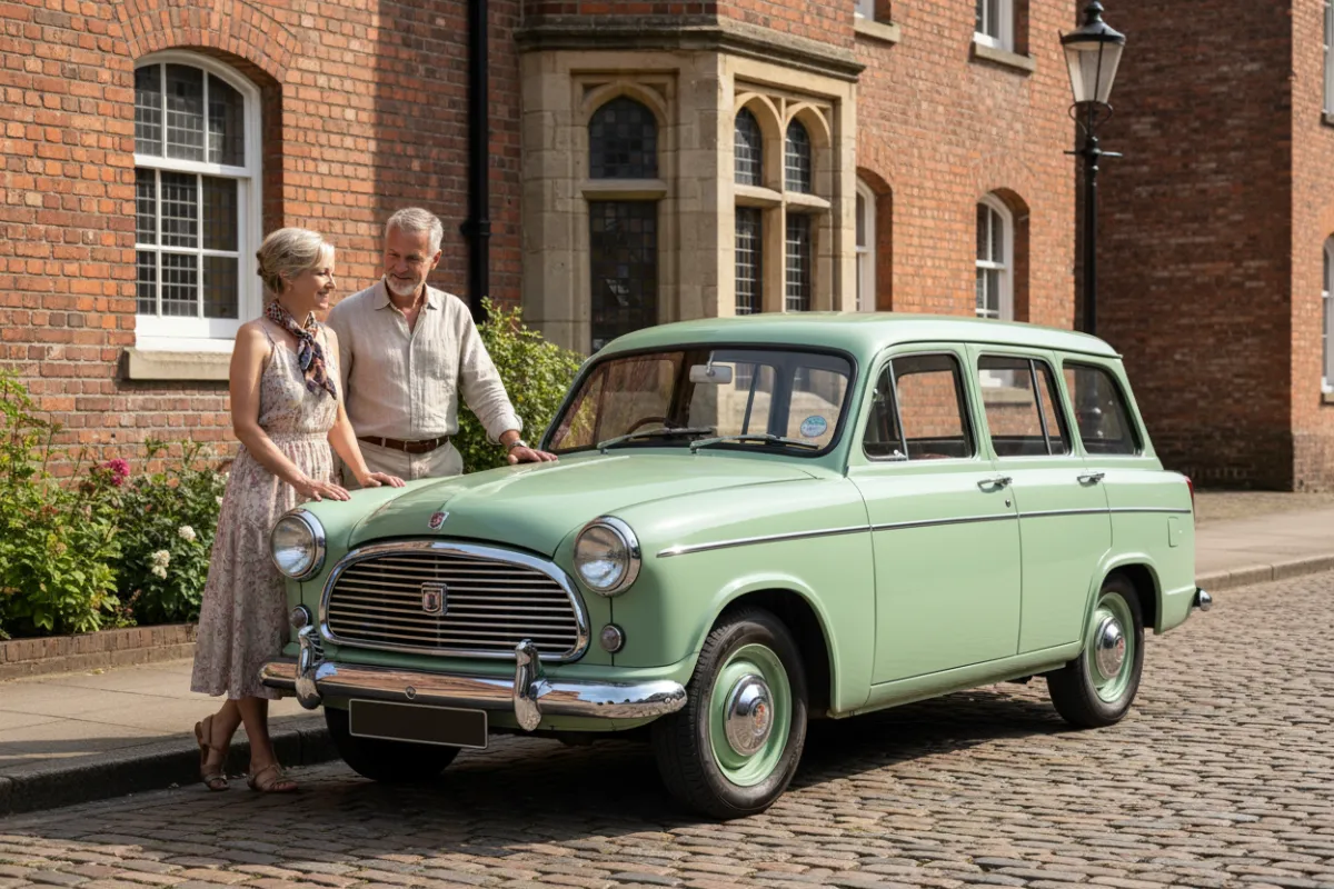 A beautifully restored Hillman Husky in pastel green, parked in front of a historic brick building. The car’s chrome accents shine, and a couple admires the vehicle, evoking a sense of nostalgia and pride.
