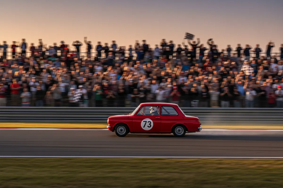 A vibrant red Hillman Imp racing on a closed track, motion blur highlighting its speed, with cheering spectators in the background. The car’s number is visible, and the scene captures the thrill of classic motorsport.
