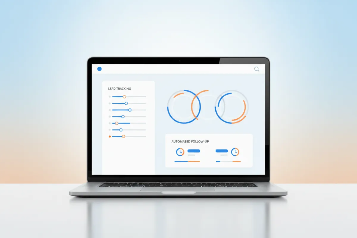 Modern AI dashboard interface showing real-time lead tracking, colorful charts, and automated follow-up reminders on a sleek laptop screen, with subtle blue and orange highlights, set against a clean, gradient background.