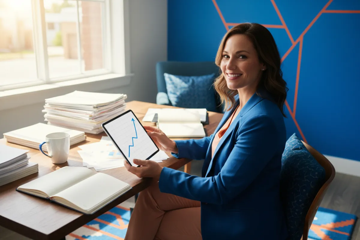 Confident small business owner reviewing a rising sales graph on a tablet, surrounded by paperwork and a coffee mug, in a sunlit office with blue and orange accents, expressing satisfaction and optimism.
