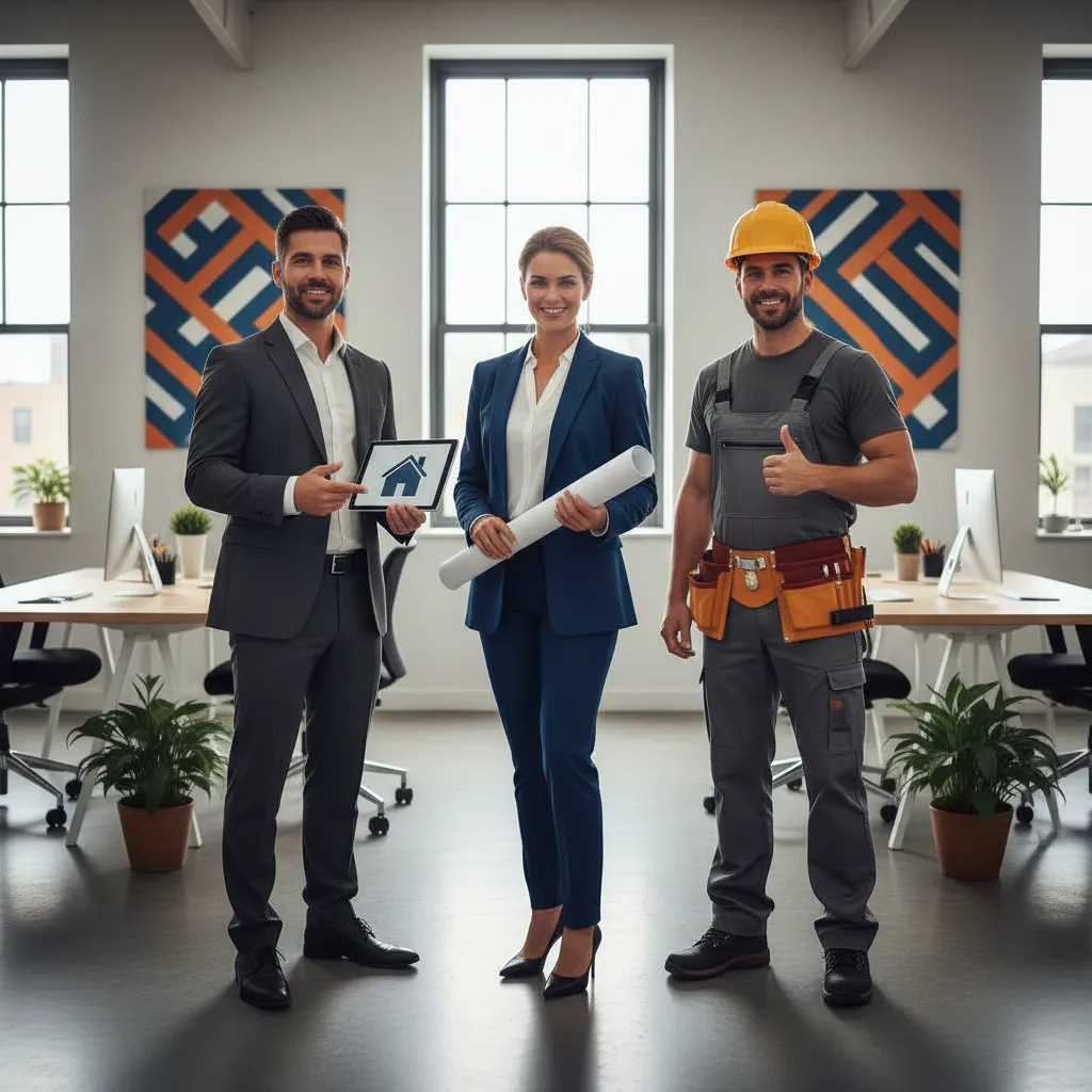 Diverse group of local business owners, including a furniture store manager, real estate agent, and home services contractor, standing together in a bright, modern workspace with subtle orange and blue accents.