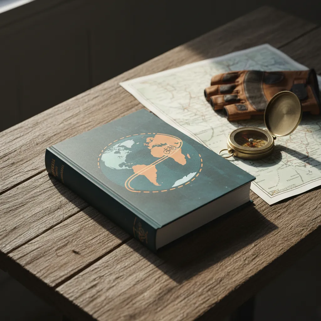 A hardcover book titled 'Biking Across' resting on a rustic wooden table, surrounded by a vintage compass, a folded map, and a pair of cycling gloves. The cover features a stylized globe and a winding bike path, evoking a sense of exploration and discovery.