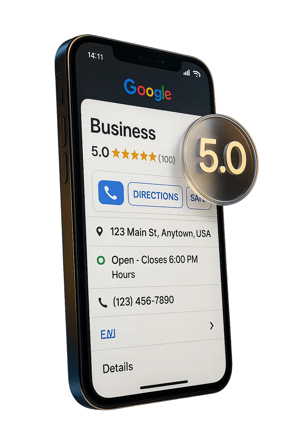 3D Mobile mockup of a perfectly optimized Google Business Profile with 5.0 rating