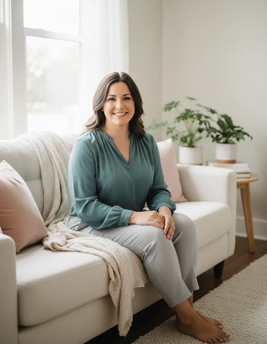 Warm portrait of Luci, lactation consultant, smiling in a cozy living room.