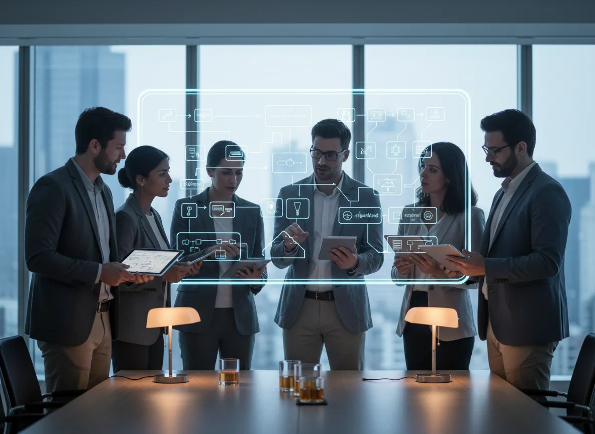Team reviewing operational processes in a modern workspace