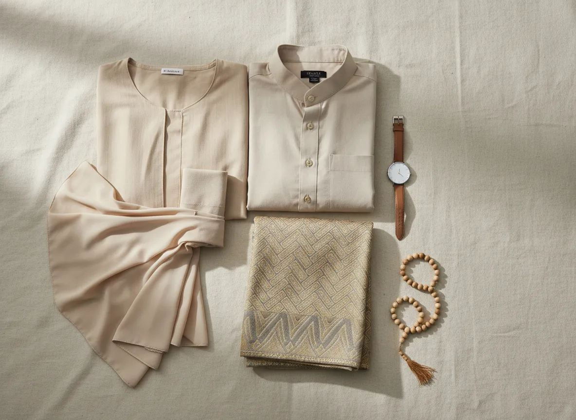 Flatlay koleksi pakaian Ramadan & Raya warm neutral
