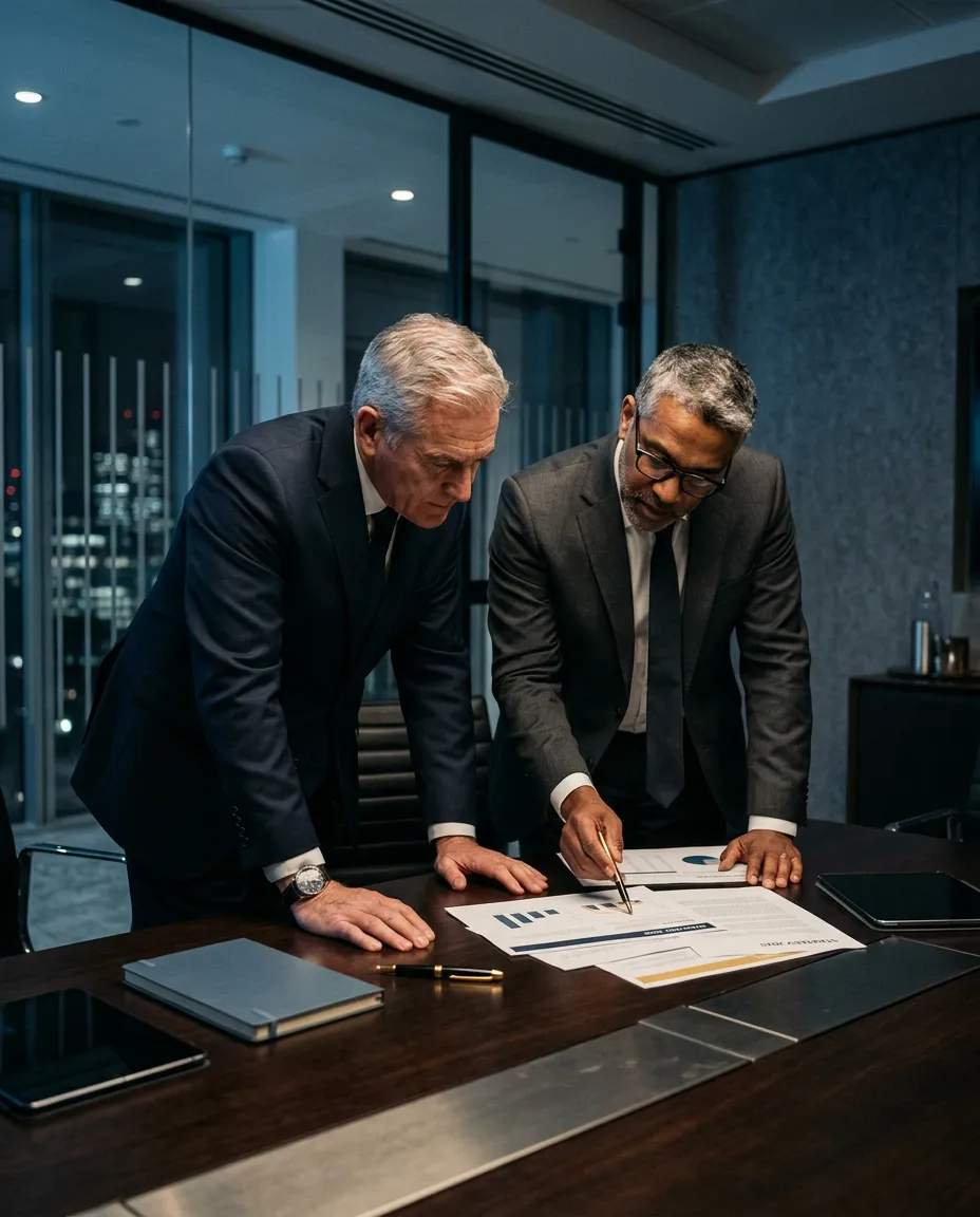 Executive leadership team reviewing strategic investment documents in a boardroom