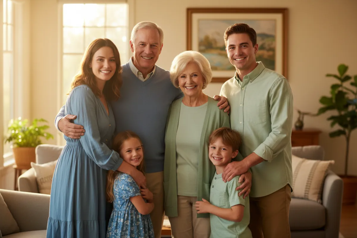 A joyful multi-generational family, including a smiling senior couple, standing together in a sunlit living room, dressed in soft blue and green tones, exuding warmth and security. The background is softly blurred, emphasizing togetherness and peace of mind.