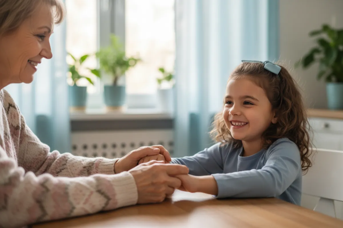A close-up of a senior woman holding her granddaughter’s hand at a kitchen table, both smiling, with soft daylight and gentle green-blue accents in the background, symbolizing reassurance and generational care.