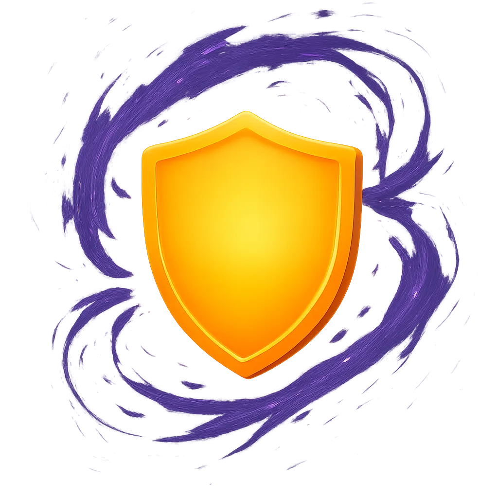 A soft, friendly 3D illustration of a glowing orange shield calming a chaotic digital storm