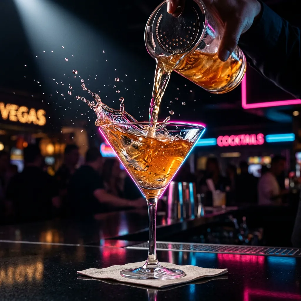 Editorial close-up of a craft cocktail being poured with neon pink highlights in a Las Vegas event setting