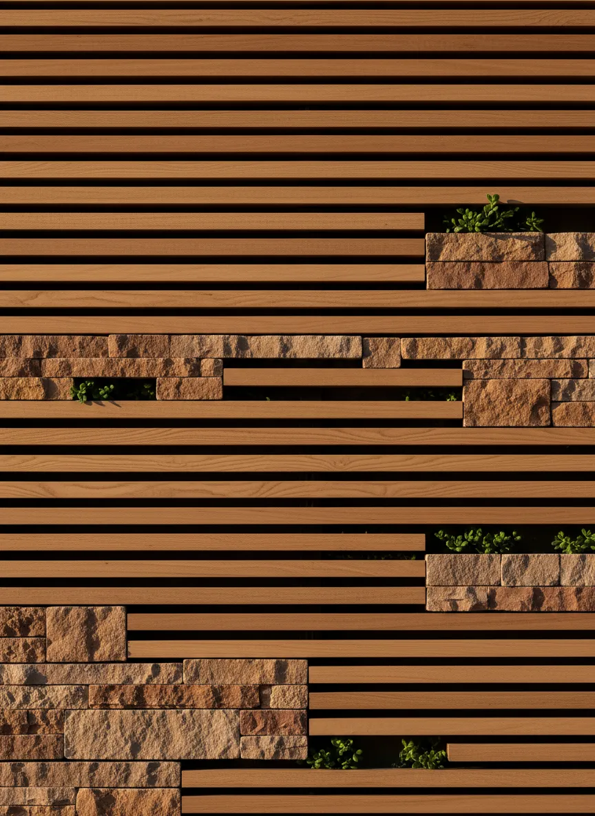 Detalles arquitectónicos con madera y piedra natural