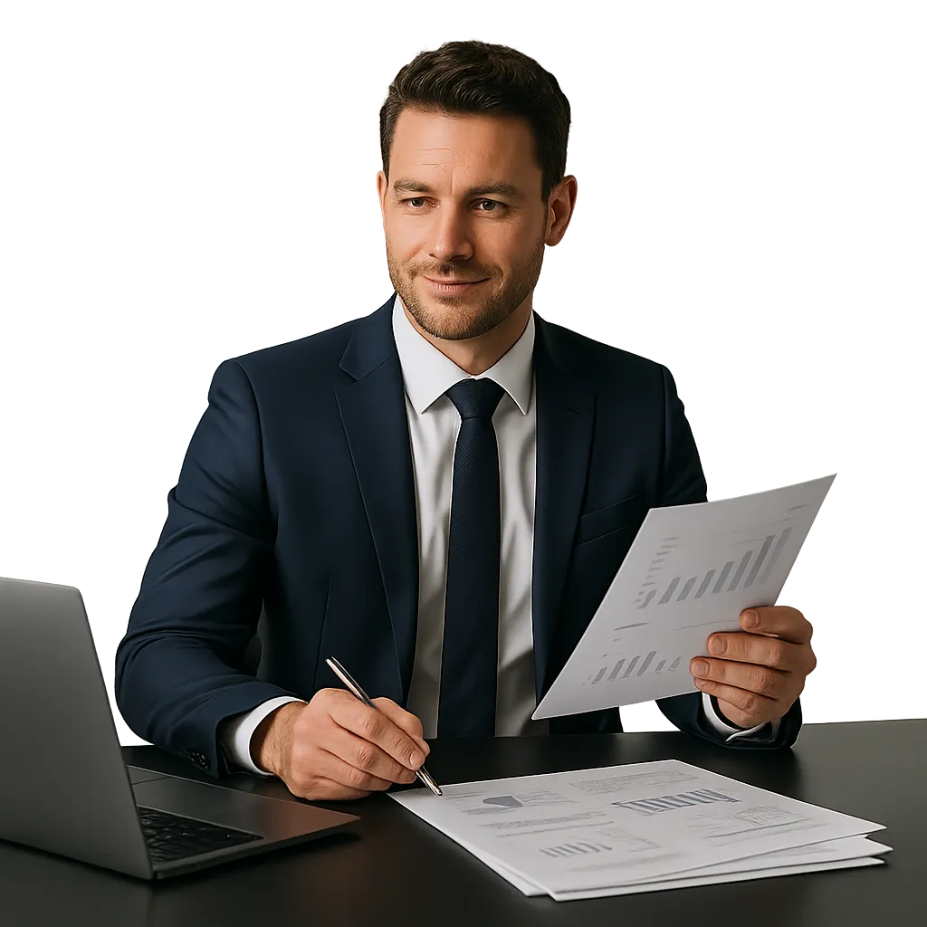 Confident Australian financial professional standing in a bright modern office