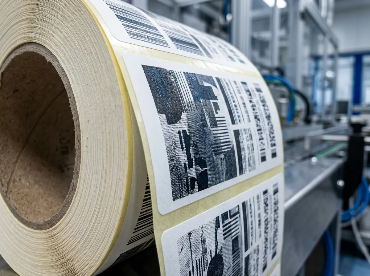 Macro close-up of finished printed labels on a roll showing ink and material texture