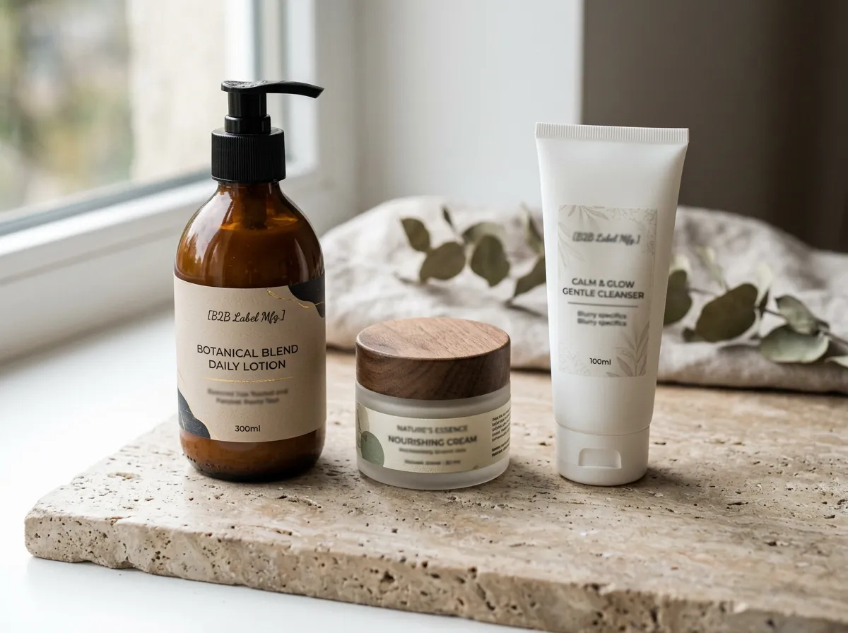 Professionally labeled health and beauty products photographed in a realistic product setting