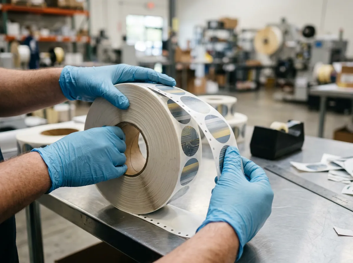 Close-up of finished custom roll labels being reviewed in a clean professional label manufacturing environment