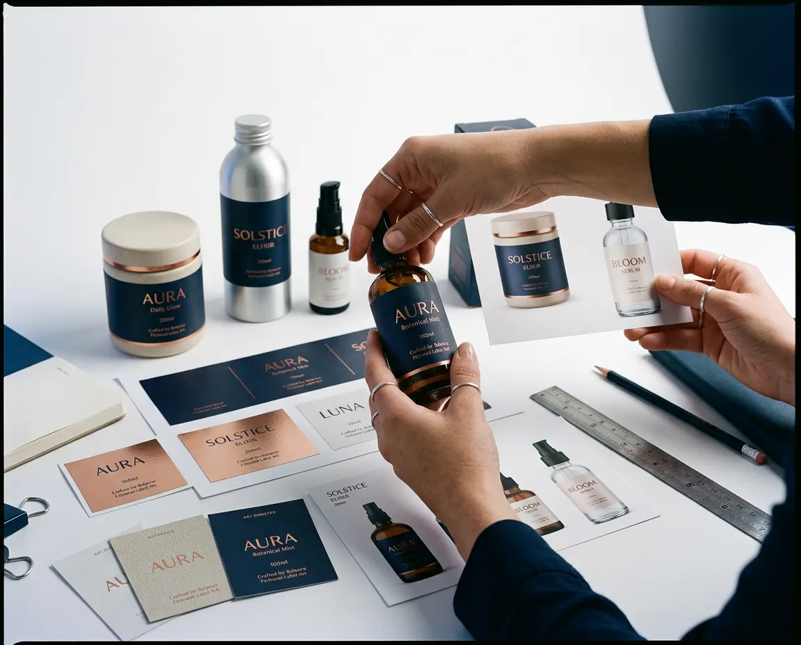 Professional label development workspace with premium containers, mockup packaging, and printed label material proofs being reviewed