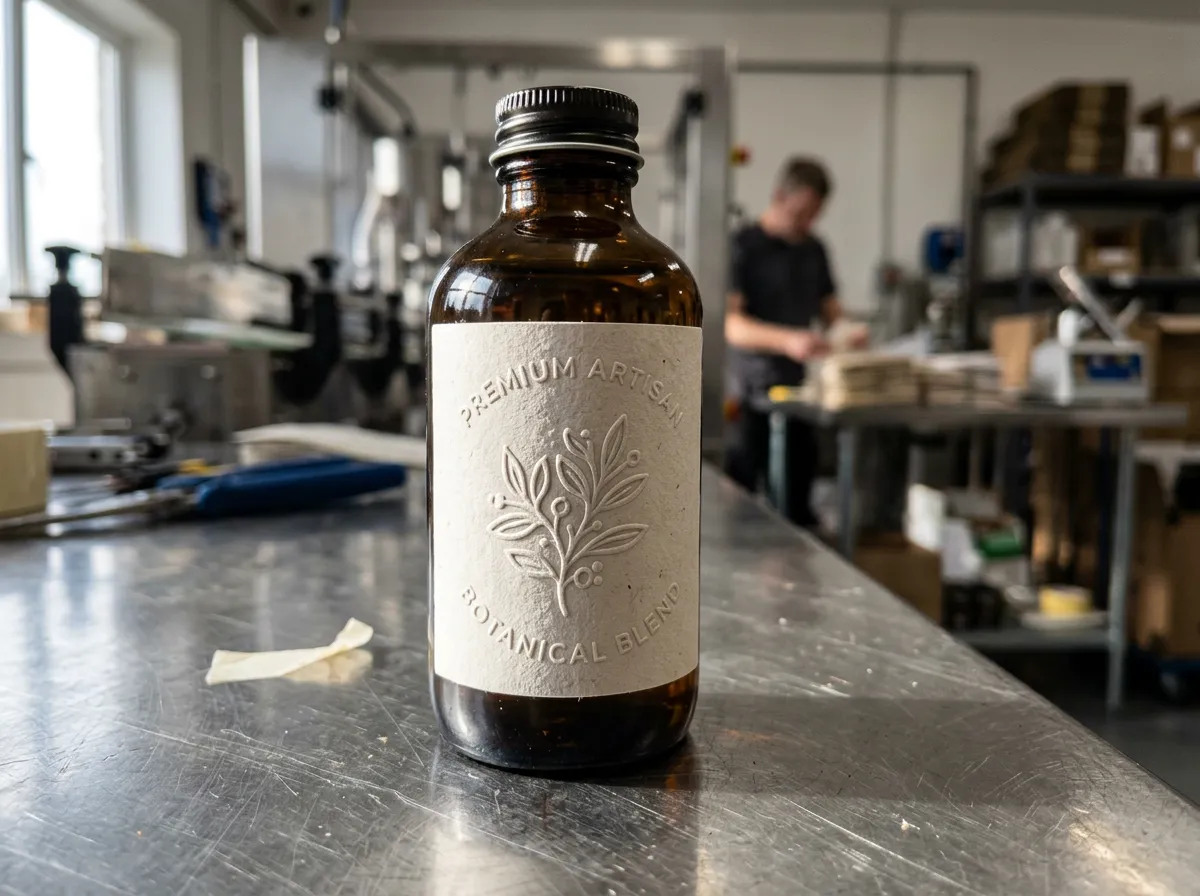 Macro photo of a premium paper label on a generic bottle with clearly raised embossed lettering under side lighting