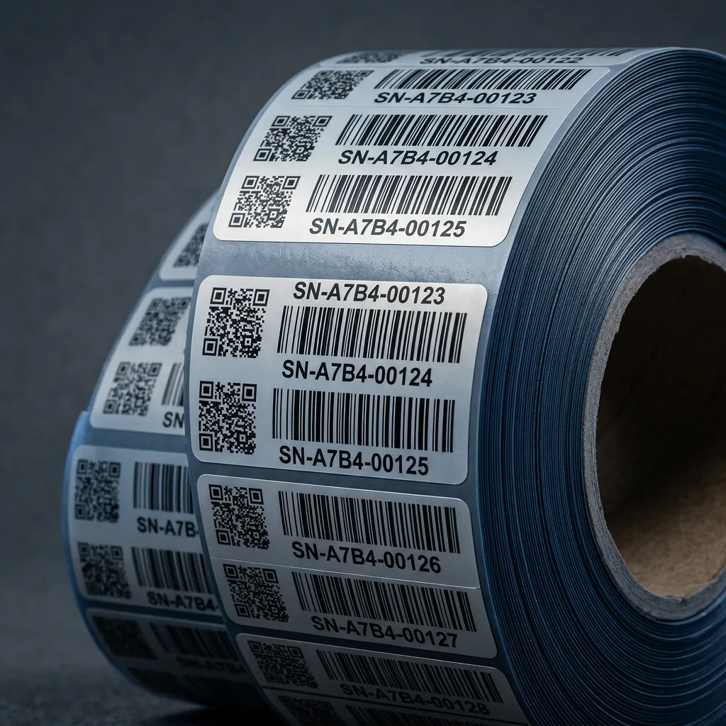 Close-up macro shot of precision industrial barcode and sequential serialized labels on roll