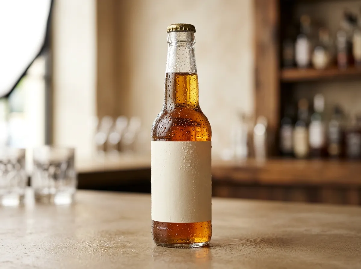 Chilled beverage bottle with condensation and a durable blank label (refrigeration/moisture).