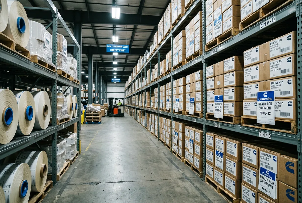 Industrial label inventory rolls batched for scheduled run quantities
