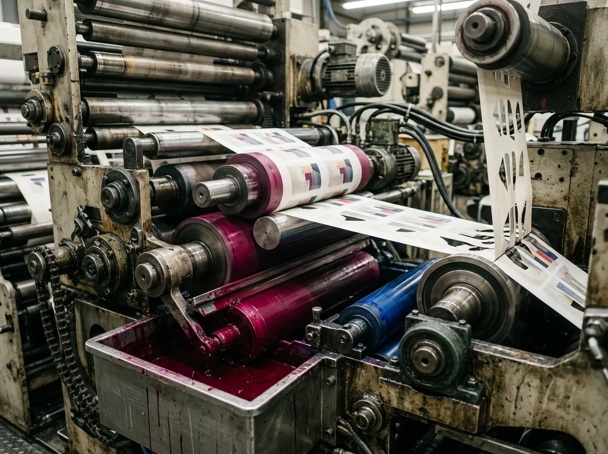 Close-up flexographic printing rollers and label web detail