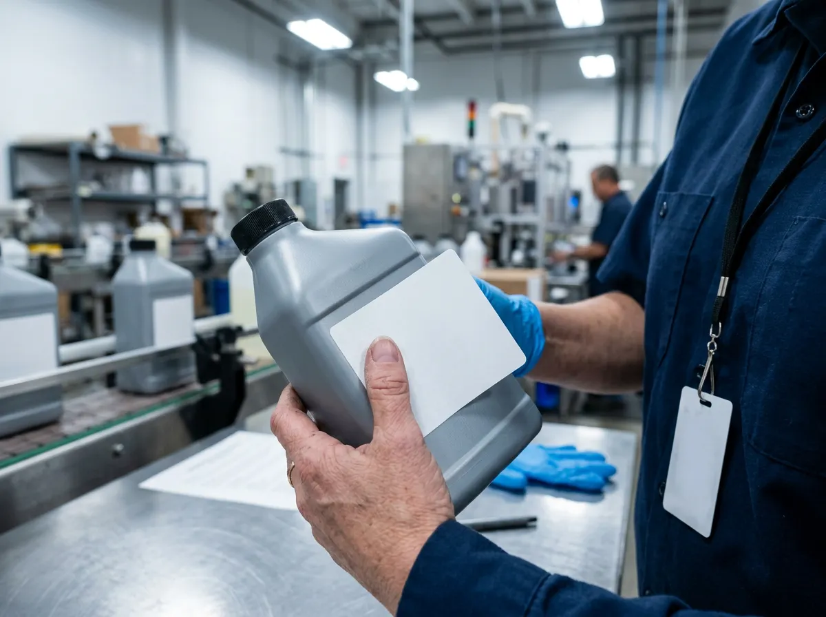 Worker applying a generic printed label to an unbranded industrial container in a clean production environment