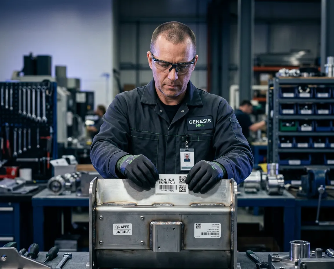 Industrial manufacturing technician applying high-durability adhesive barcode label to metal assembly equipment