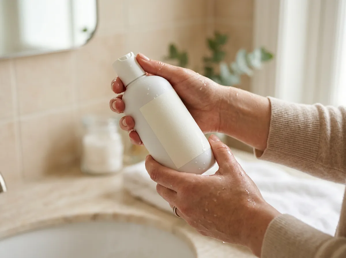 Personal care product being handled with a blank label (moisture/handling).