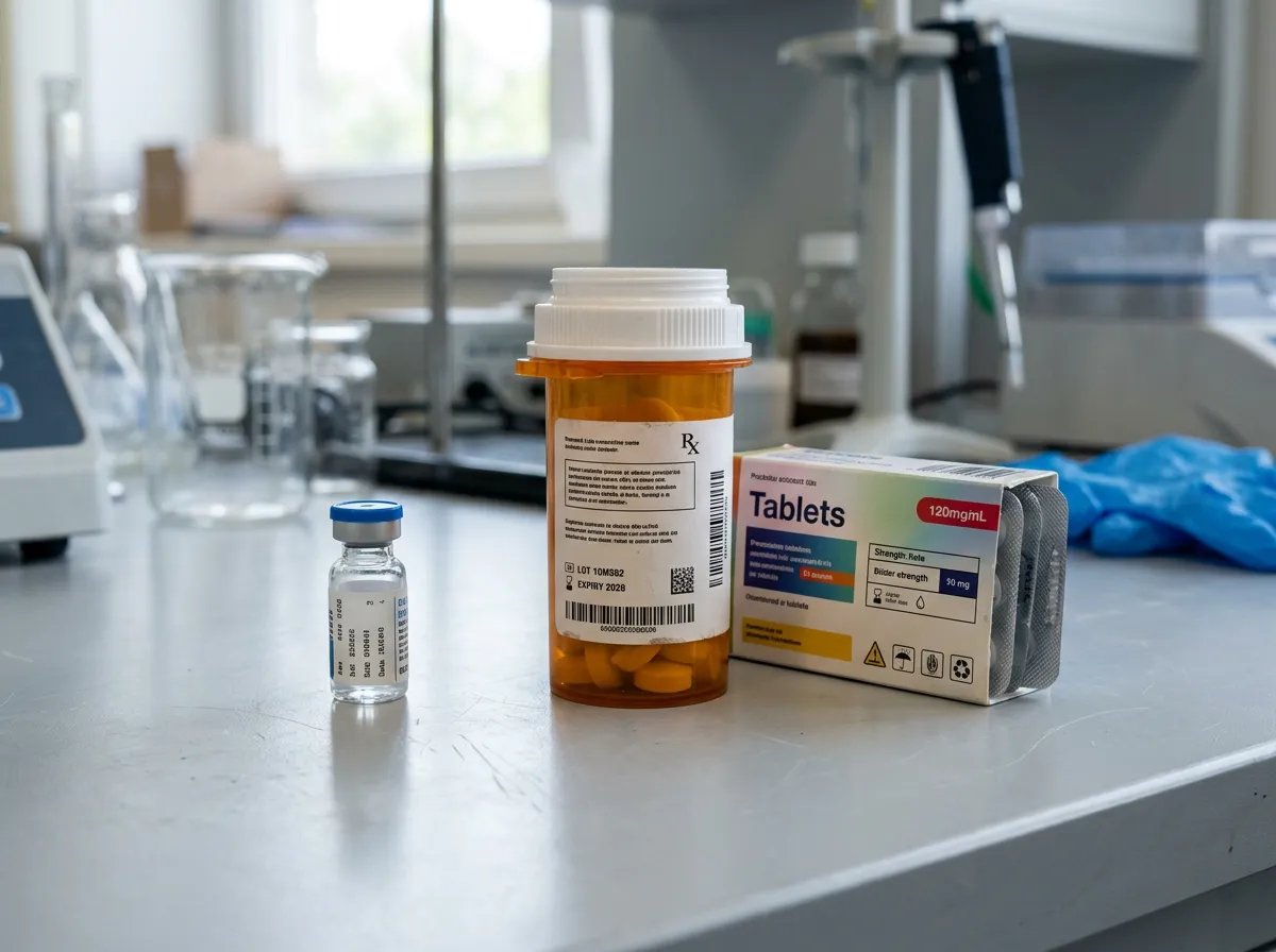 Professionally labeled medical and pharmaceutical packaging on a clean clinical workstation