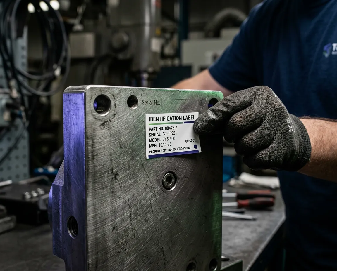 Sample industrial label held against metallic component showing spec requirements