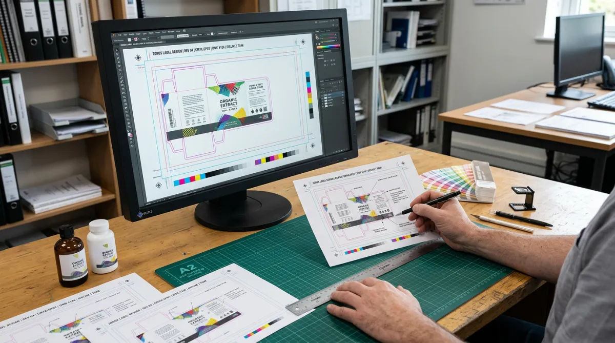 In-house label prepress workspace with dielines/print guides on screen and printed label proofs being reviewed