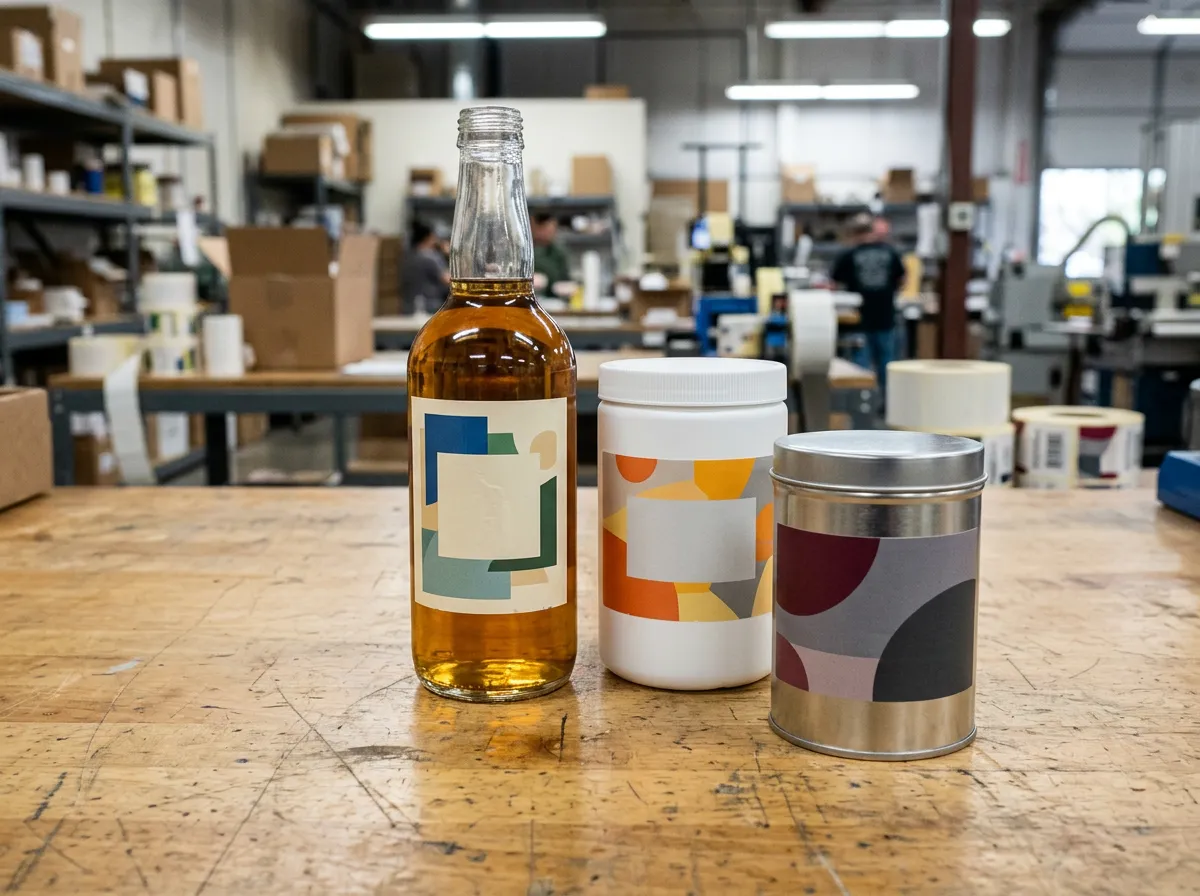 Documentary-style photo of three labeled product samples (glass bottle, plastic container, metal container) on a worktable in a label/packaging facility; labels have abstract designs with no readable text.