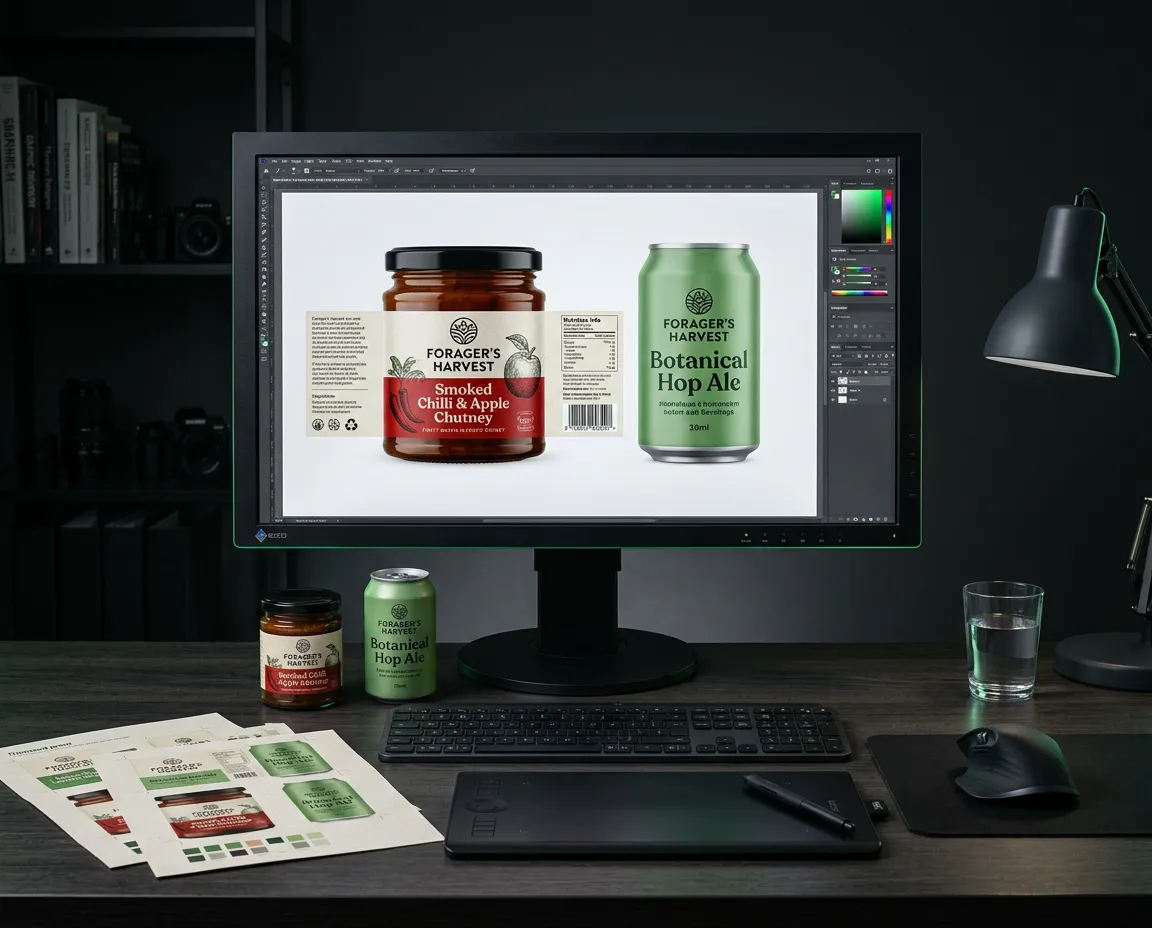 Graphic designer reviewing custom label artwork on screen alongside printed physical packaging samples