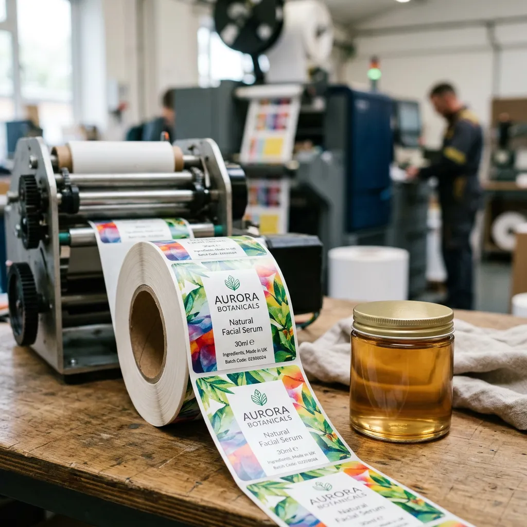 Freshly printed labels on a roll beside an unbranded product sample (new product label project)