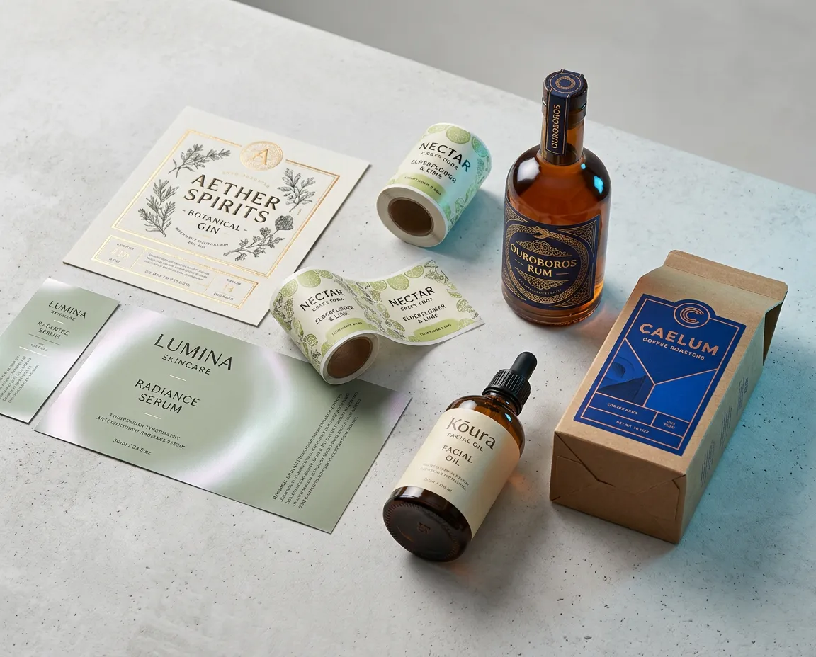 Fictional new-product premium label prototypes and packaging development concepts arranged on a studio surface