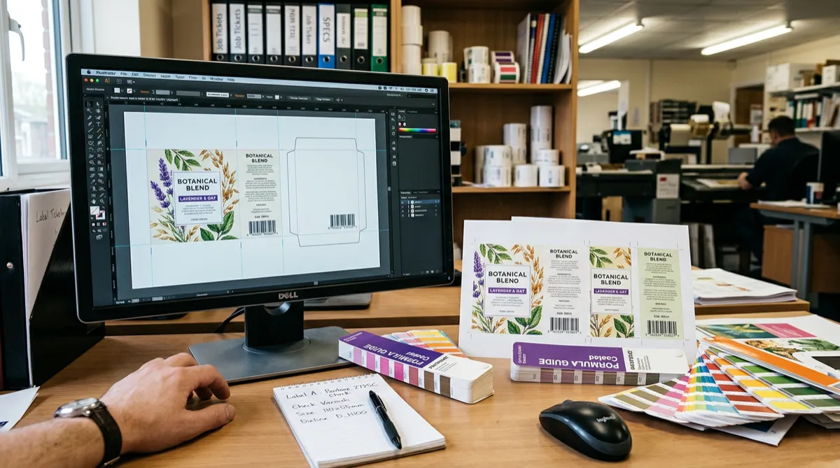 Label artwork and prepress workspace with monitor, printed label proofs, and color reference swatches