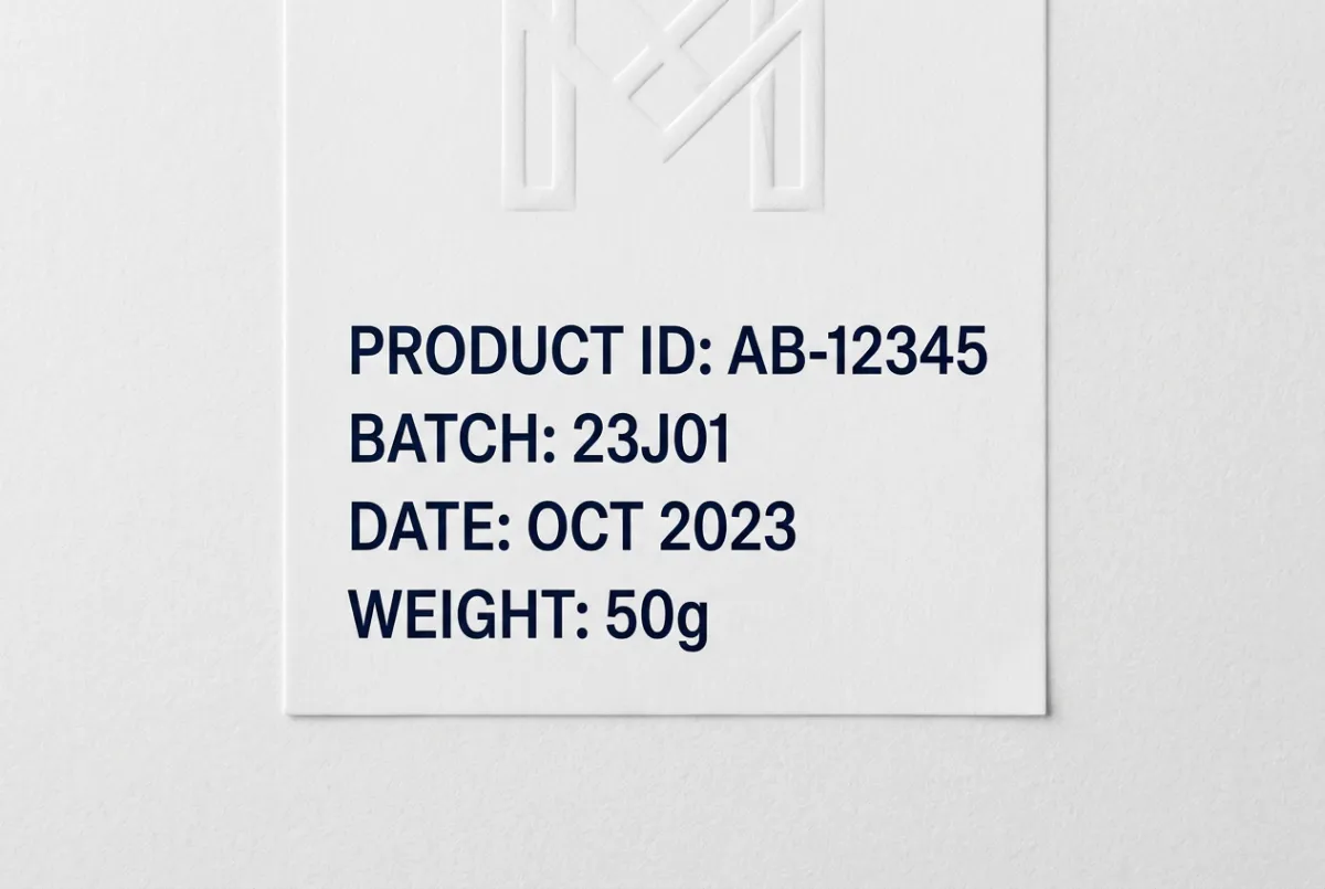 Product identification label with ultra-crisp typography and branding detail
