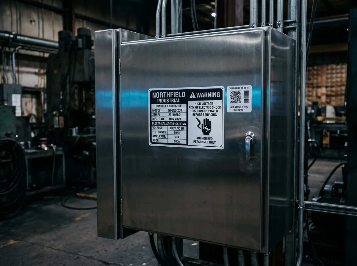 Stainless-steel industrial electrical enclosure in a manufacturing environment with durable identification and compliance-style equipment labels (fictional, no certification logos)