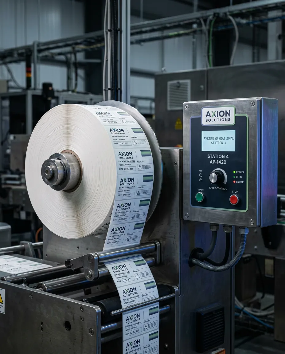 Industrial precision roll labels and equipment identification manufacturing process