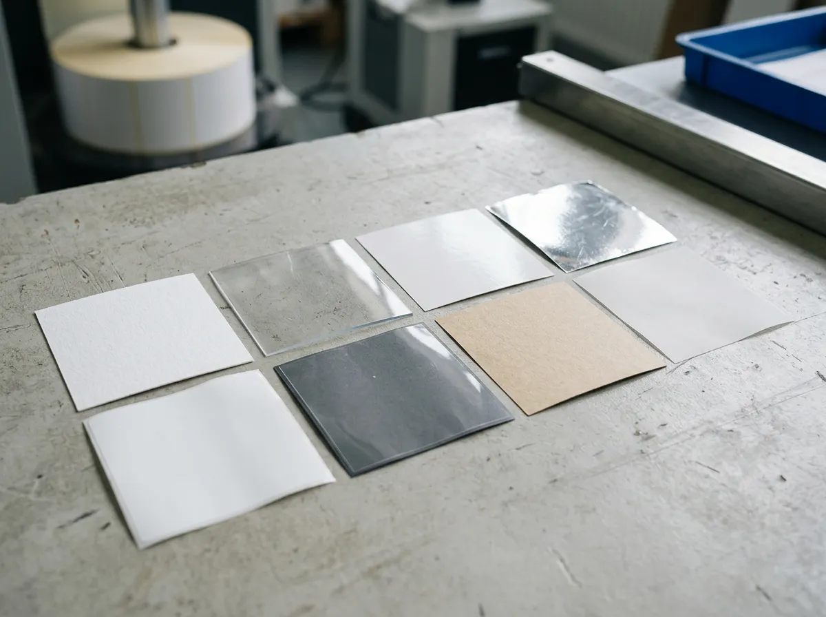 Assorted unbranded label material samples (paper, clear film, white film, metallic, and durable synthetic stocks) showing different textures and finishes