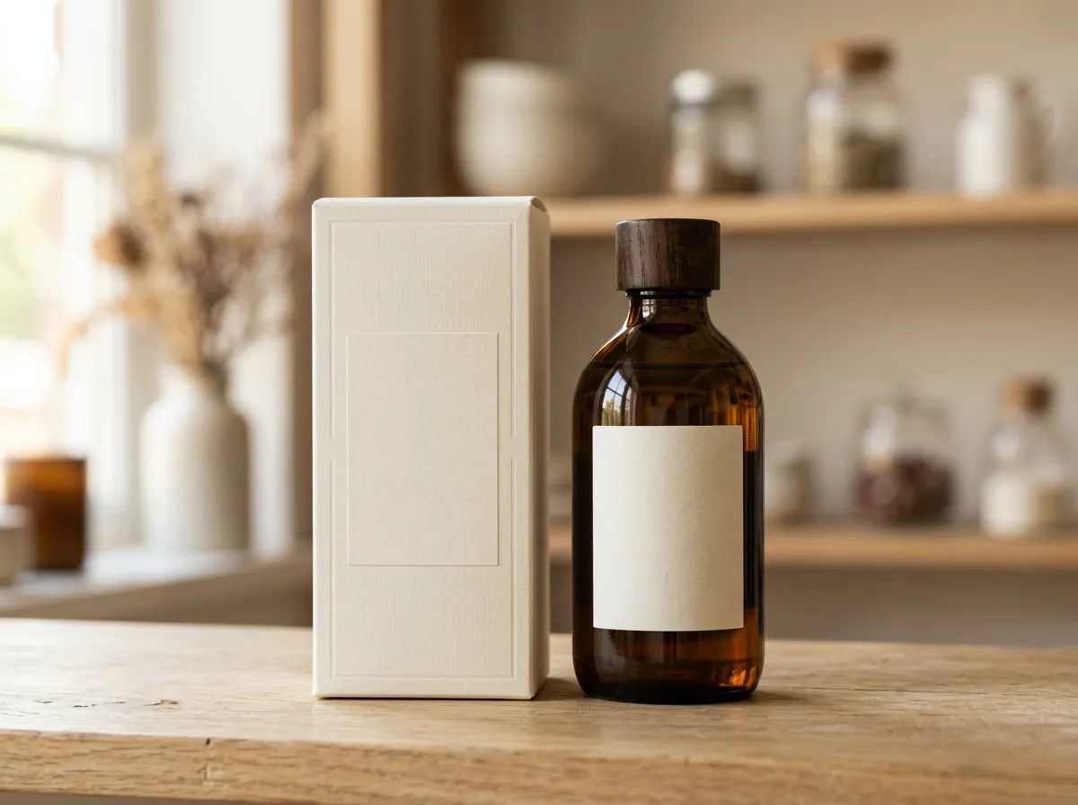 Consumer packaged product with a clean blank label (shelf/handling conditions).