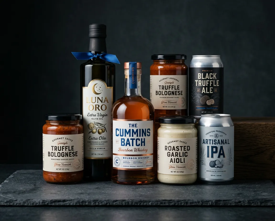 Collection of premium labeled food and beverage bottles, cans, and gourmet sauce jars