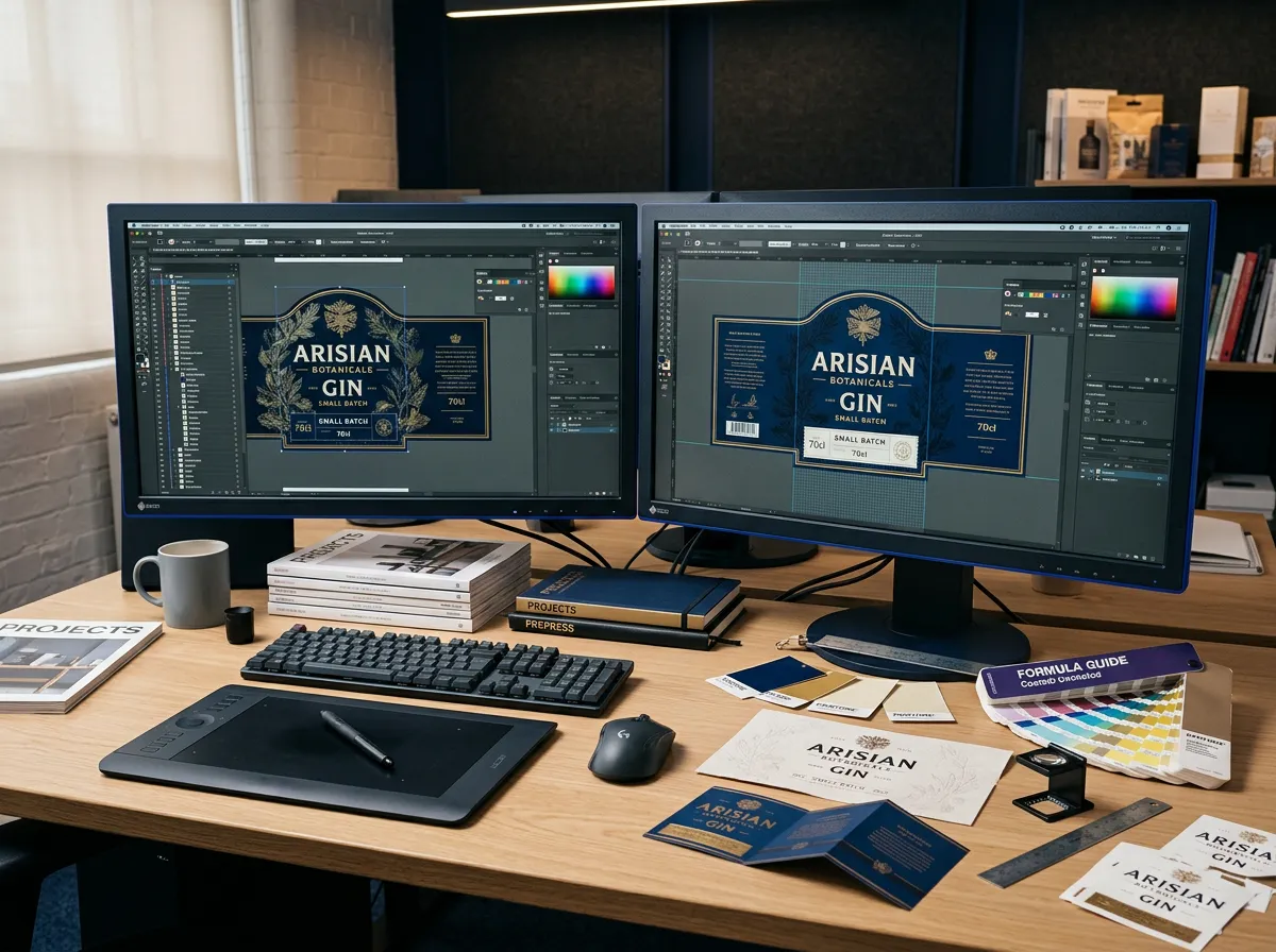 Realistic prepress digital vector graphics and label design workspace layout without people