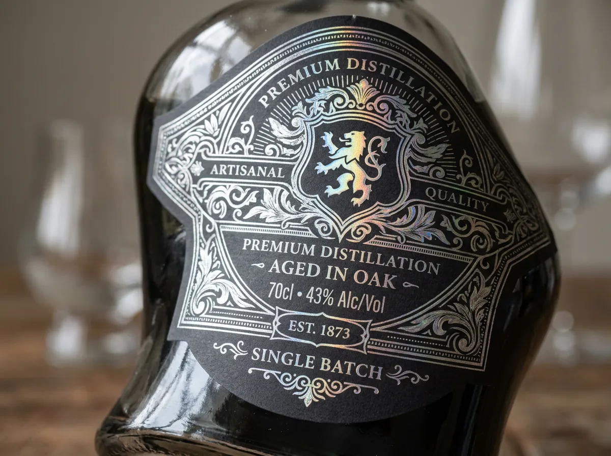 Close-up of metallic foil stamped label detail